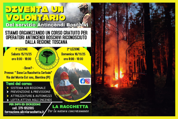 Il volantino de La Racchetta e un incendio boschivo