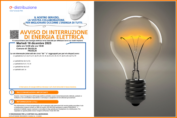 L'immagine relativa all'interruzione di energia elettrica di martedì 16 dicembre a Fauglia