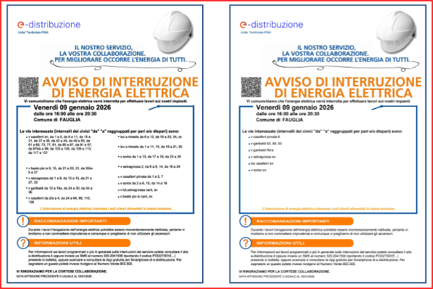 L'avviso di interruzione di energia elettrica diffuso da E-distribuzione agenzia di Pisa