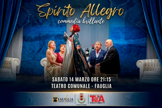 Un'immagine della commedia brillante "Spirito Allegro" e la relativa grafica