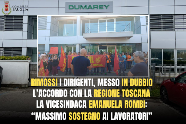 L'esterno della Dumarey e, nel riquadro, l'assemblea dei dipendenti