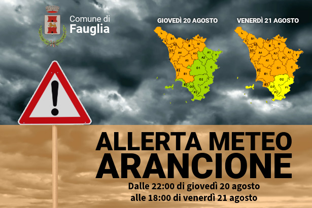 La grafica che indica l'allerta arancione dalle ore 22:00 del 20 agosto alle ore 18:00 del 21 agosto