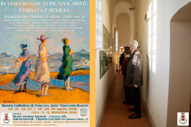 La grafica della mostra collettiva che sarà inaugurata venerdì 21 agosto e, nella foto, l'interno del Museo Kienerk